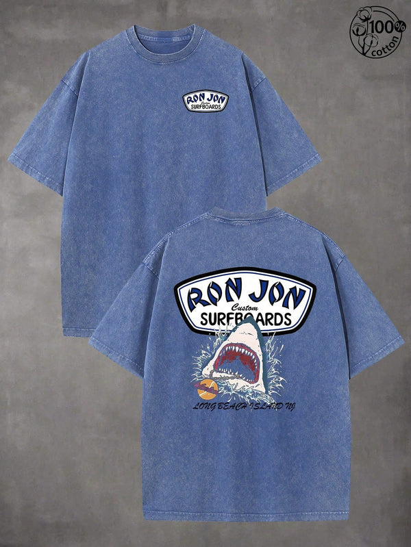 Vintage Washed Rons Jon Surf Shop Long Beach Island Shark Graphic T-Shirt, 100% Cotton Oversized Short Sleeve Tee, Retro Surf Style